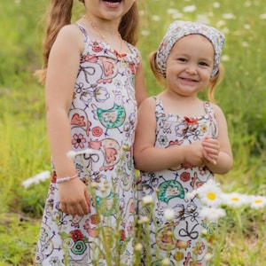 Adorable Chicken summer dress with adorable matching chicken print elastic bandana.