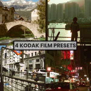 Puede incluir: Un collage de cuatro escenas distintas que muestra un puente de piedra en un pueblo de montaña, un paisaje urbano frente al mar al atardecer, una entrada de metro con un letrero de Gran Via y una calle concurrida de noche, etiquetado 4 KODAK FILM PRESETS.