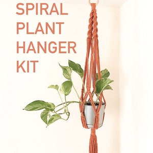 May include: A DIY spiral plant hanger kit. The orange macrame plant hanger is suspended from the ceiling, holding a potted plant with green and white leaves. The text "DIY SPIRAL PLANT HANGER KIT" is displayed in orange.