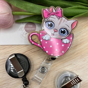 Cat, Kitten, Coffee cup, School, Teacher, id, Badge reel, Keychain, credential holder, Bookmark, Page holder, Paperclip, Glitter, Resin