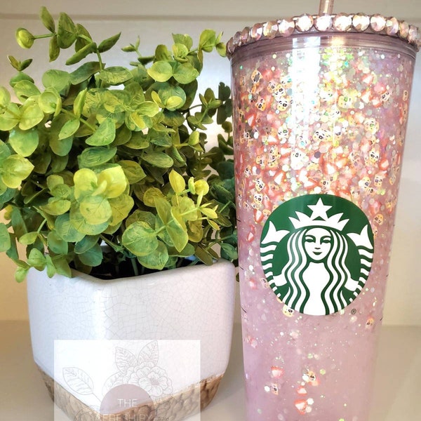 Strawberry Cow, Snowglobe glitter Tumbler, 24oz Venti,  Rhinestone lid, Ready to ship, holographic, spring, summer, gift, moo