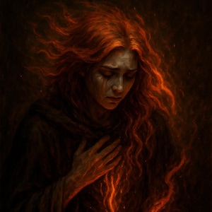 May include: A digital painting depicts a woman with fiery red hair and a dark cloak. Her face is downcast, and her hand is near her chest. Flames emanate from her other hand, creating a dramatic and emotional scene.