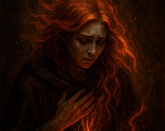 Fiery Sorrows in the Shadows – Dark Fantasy Digital Art Print | Emotional Mythic Portrait | Flamebound Studios