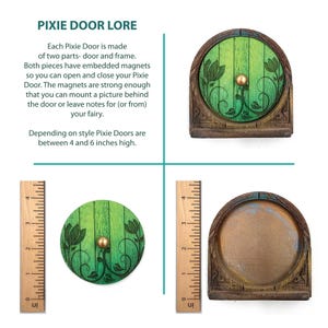 May include: A set of miniature fairy doors with a green and brown color scheme. The doors are round and arched, with floral designs and a brass knob. The text "PIXIE DOOR LORE" is visible. The doors are between 4 and 6 inches high.