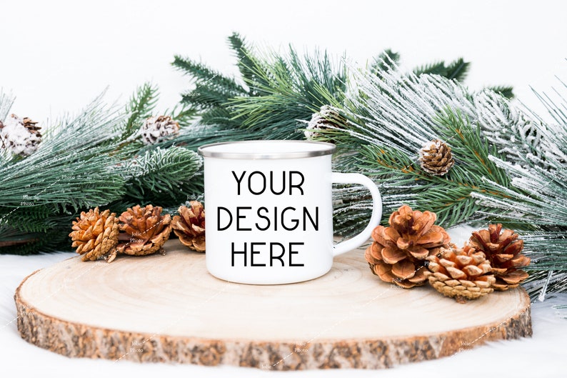 Download Blank White Enamel Coffee Cup Mug Mockup on a Wood Slice | Etsy