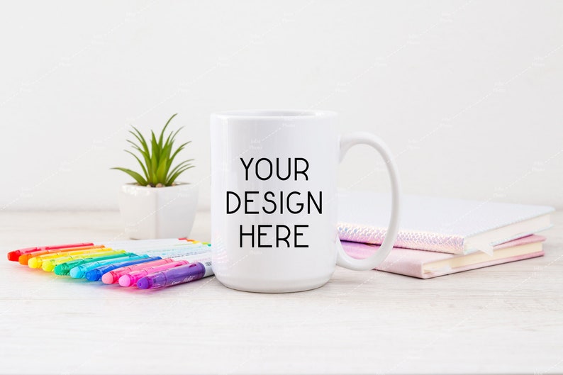 Download Mug Mockup 15 Oz Blank White Coffee Cup Colored Pen Notebooks Small Plant Simple Modern Instant Download C1 Clip Art Art Collectibles