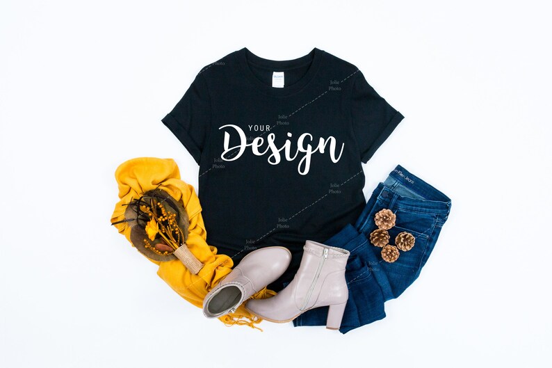 Download Gildan 64000 Softstyle Black T-shirt Mockup for Fall ...