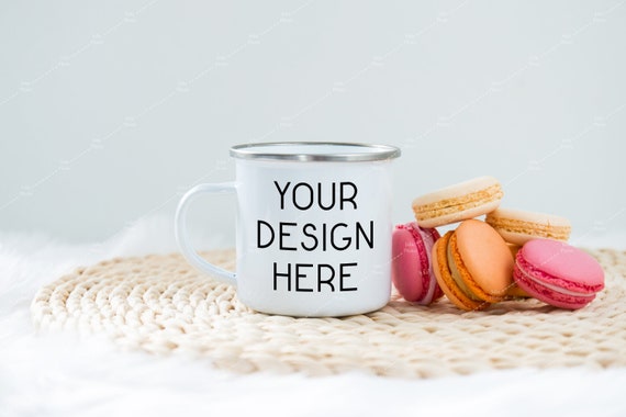Enamel Blank White Coffee Cup Mug Mockup On A Braided Place Etsy
