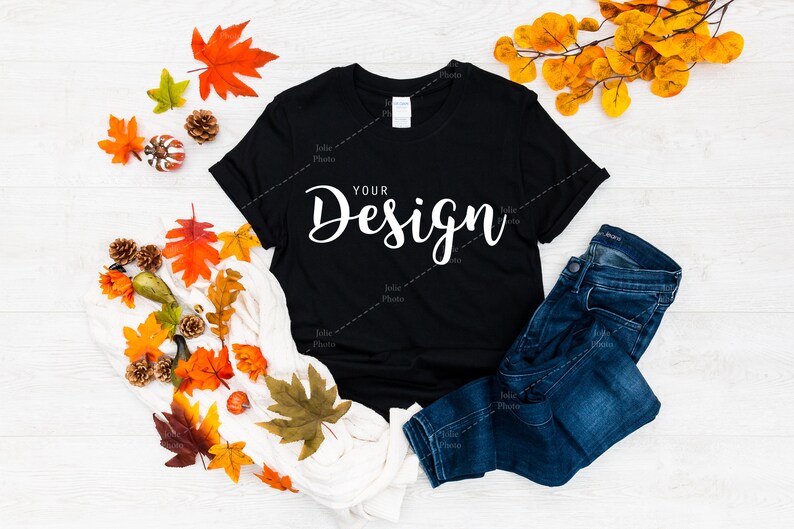 Download Gildan 64000 Softstyle Black T-shirt Mockup for Fall ...