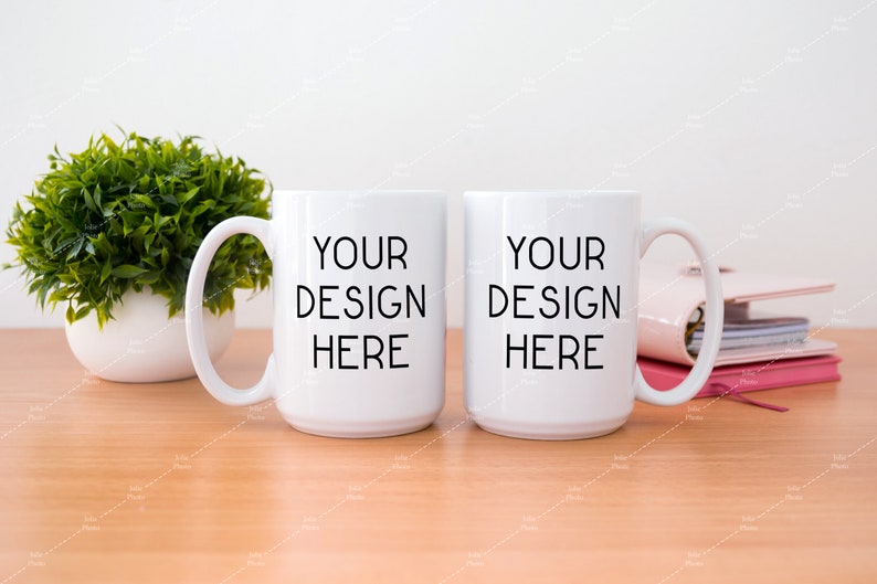 Download 15 Oz 2 Blank White Coffee Cup MugS Mockup with Planners ...