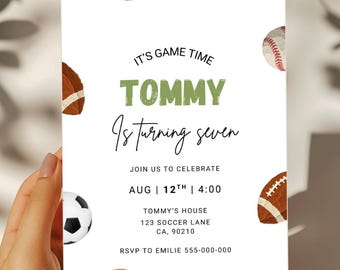 Editable Sports Birthday Invitation: Basketball, Football, Soccer, Baseball, Game Time, Boy Party Invite, Instant Download Canva Edit Invite