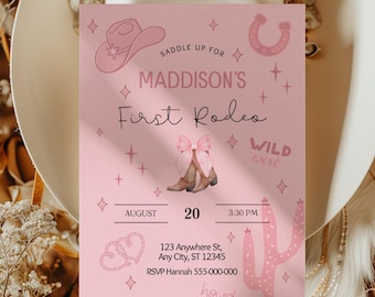 Editable First Rodeo Party Invitation, Girls Cowgirl First Birthday Invite, Pink Western Bday Invitation, Canva Editable Instant Download