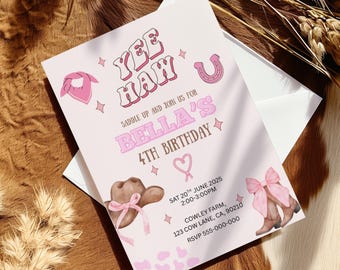 Editable Pink Cowgirl Birthday Invitation, Western Rodeo Party Invite, Canva Template Instant Download Girls Birthday Theme,