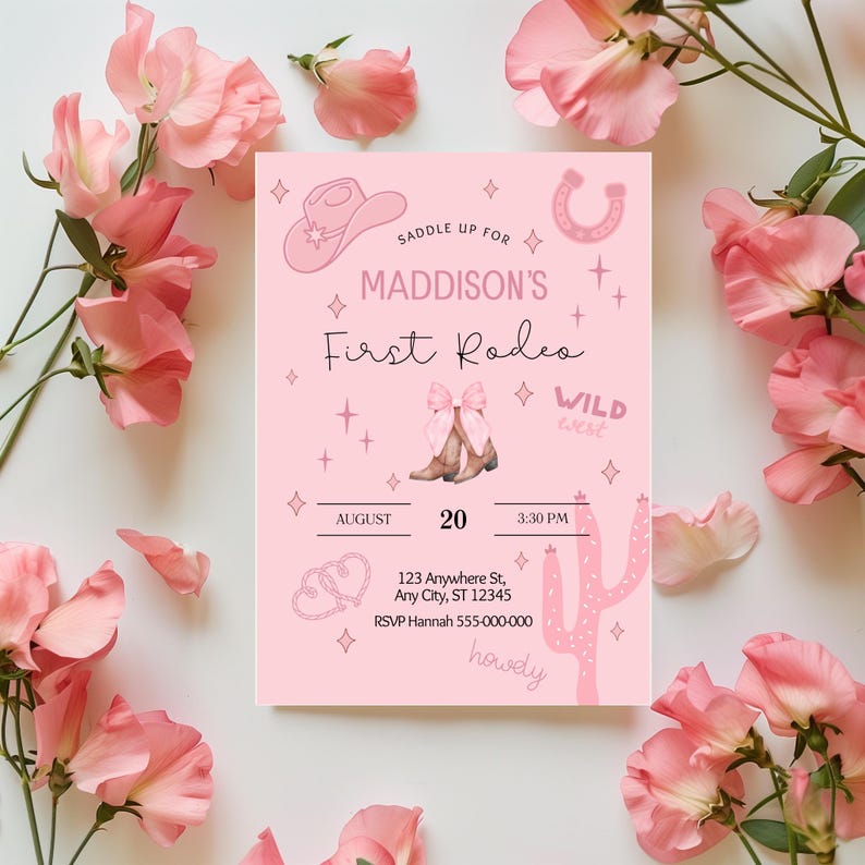 First Rodeo Flower Editable First Rodeo Party Invitation, Girls Cowgirl First Birthday ...