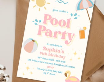 May include: A pastel-colored pool party invitation with the text "Pool Party" in pink and yellow. The invitation includes a sun, beach ball, umbrella, and flamingo illustrations. Details include the birthday girl's name, date, time, and RSVP information.