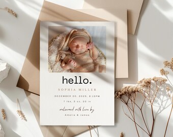Editable Modern Birth Announcement Template, Minimalist Baby Birth Stats (Digital Download)