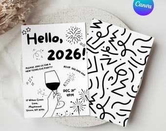 Könnte beinhalten: Schwarz-weiße Neujahrsparty-Einladung mit dem Text "Hello, 2026!" und Veranstaltungsdetails. Die Einladung zeigt Illustrationen von Feuerwerk, einem Sektglas und dekorativen Elementen. Die Rückseite hat ein abstraktes Schwarz-Weiß-Muster.