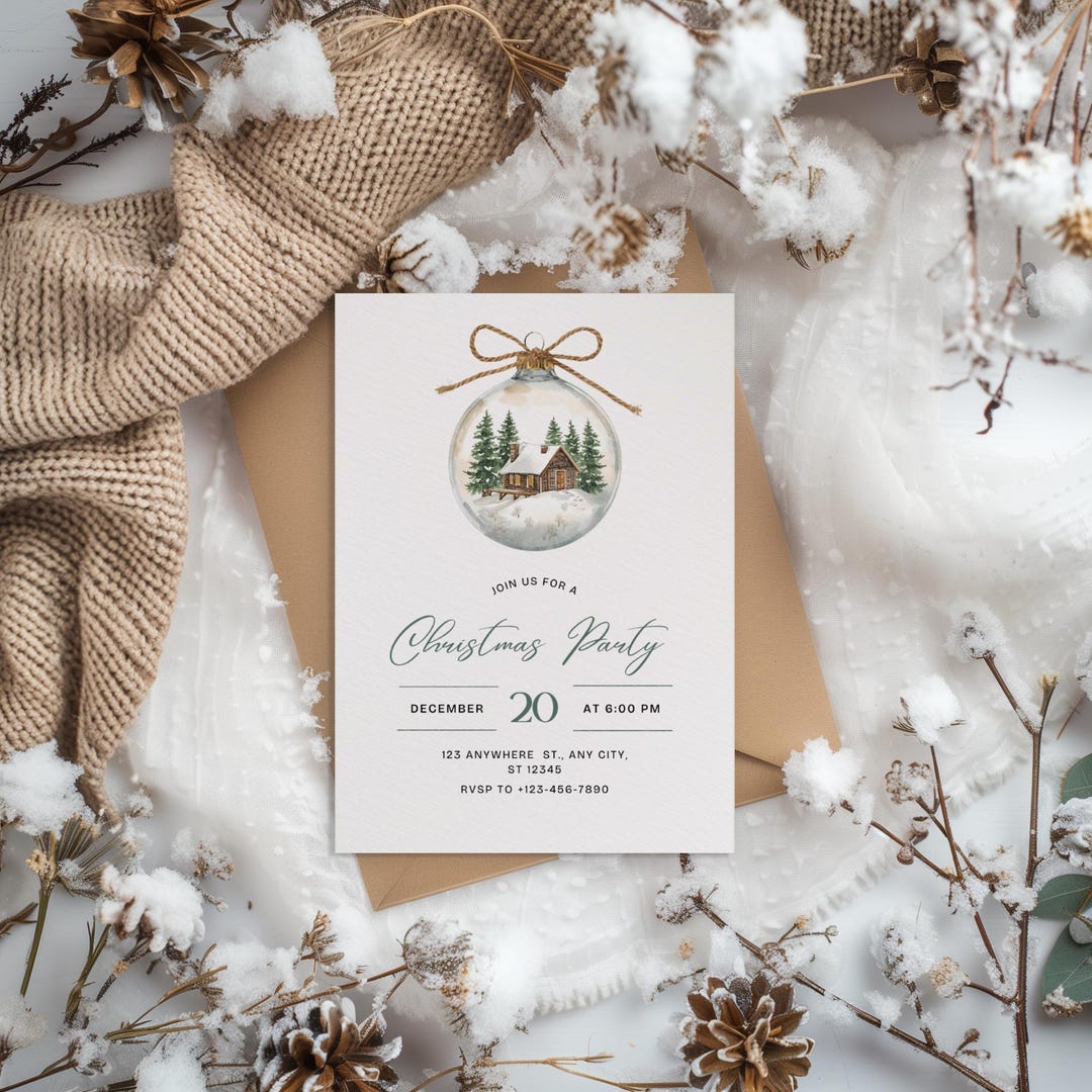 Editable Christmas Party Invitation, Ornament Snow Globe, Printable ...