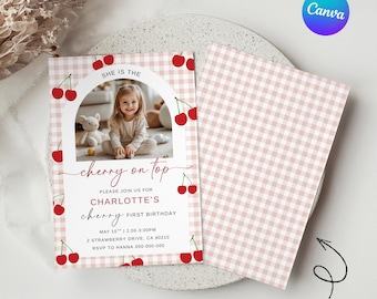 Editable Cherry On Top First Birthday Invitation, Cherry First Birthday, Girls Gingham 1st Birthday Invite, Canva Template Instant Download,