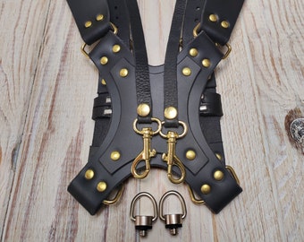 Leather photographer harness, Harness for dual cameras, Camera strap, Doppel kameragurt.