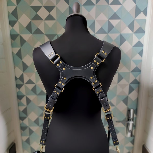 Leather photographer harness, Harness for dual cameras, Camera strap, Doppel kameragurt.