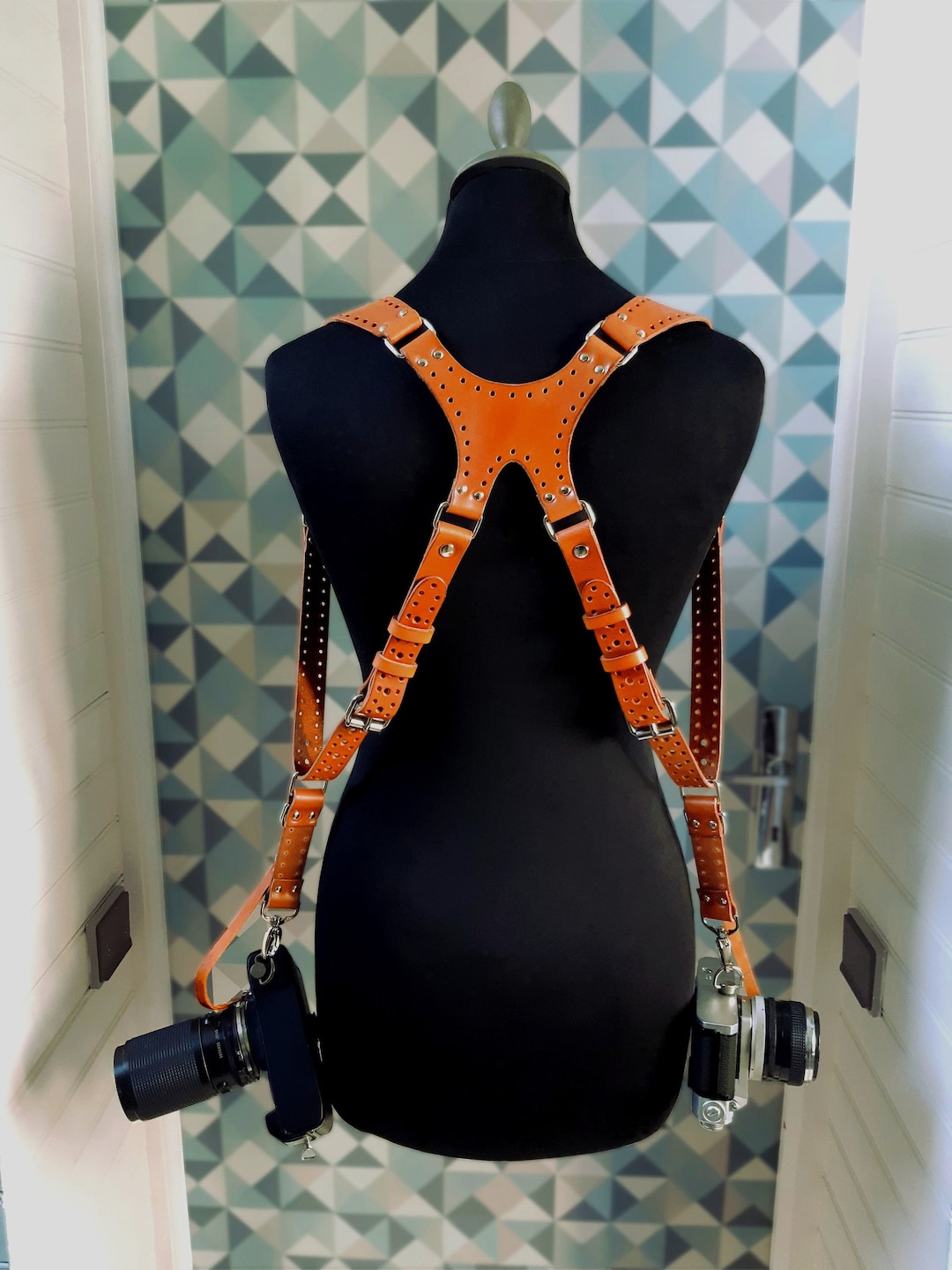 HERCHR Sangle d'appareil Photo pour Deux caméras, Double bandoulière en Cuir, Harnais d'appareil