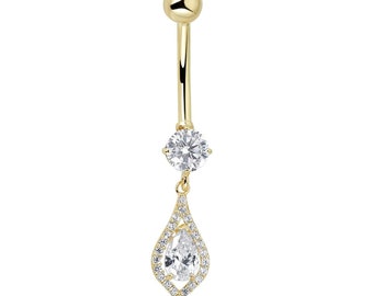 10K Gold Simulated Diamond CZ Teardrop Dangle Belly Button Ring Body Jewelry - 014 Gauge