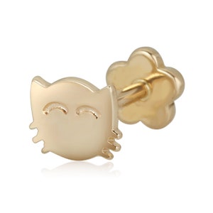 14K Gold Cat Cartilage Piercing Flat Back Earring Body Jewelry (18 Gauge)