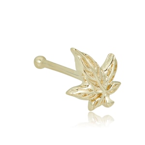 May include: Gold nose ring with a leaf design. The leaf is detailed and has a textured surface.