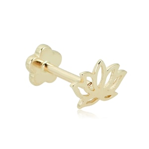 14K Gold Lotus Flower Cartilage Piercing Flat Back Earring Body Jewelry (18 Gauge)