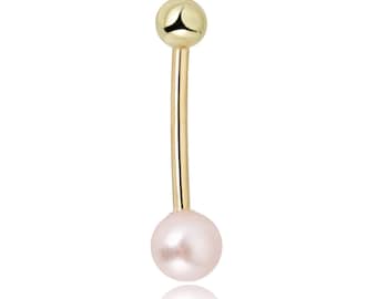 10K Yellow Gold Freshwater Pearl Belly Button Ring Body Jewelry - 014 Gauge