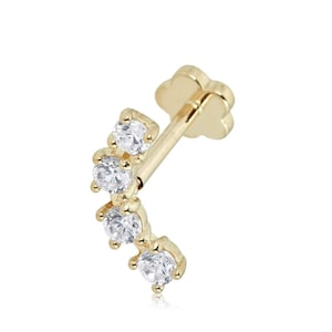 14K Gold 4 stone Simulated Diamond CZ Curved Bar Cartilage Barbell Body Jewelry -019 Gauge