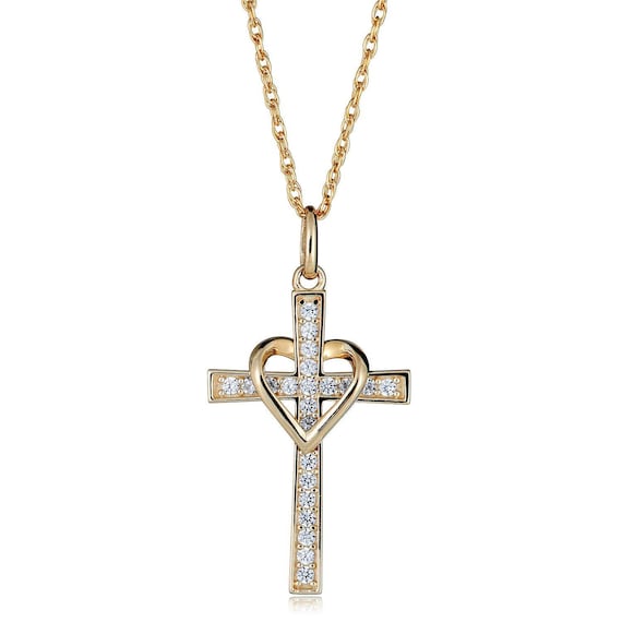 10K Yellow Gold Simulated Diamond CZ Cross and Heart Pendant 