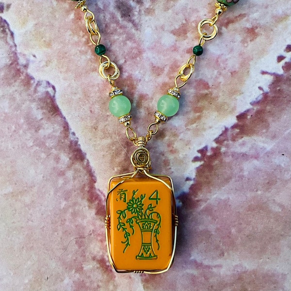 Vintage Mahjong tile (wire wrapped) on a chain of Cloisonne & Aventurine spheres, malachite rounds, CZ wheels, and gold plated double rings.