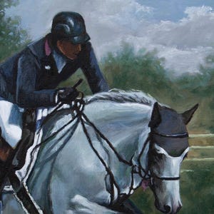 May include: A painting depicting a horse clearing a fence with a rider in a black jacket and white trousers. The horse is grey and the rider is wearing a black helmet. The background is a green field with a blue sky.