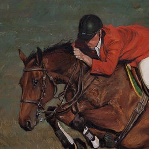 May include: A painting depicting a brown horse clearing a fence with a rider wearing a red jacket and white breeches. The horse is airborne, its legs stretched out, while the rider leans forward, holding the reins.