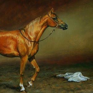 May include: A painting of a chestnut horse standing in a stable. The horse is wearing a halter and lead rope. The horse is looking to the right of the image. The background is a dark brown colour.