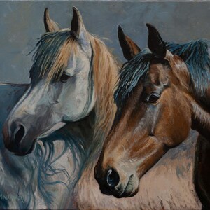 May include: A painting of two horses, one grey and one brown, with their heads close together. The grey horse has a white mane and tail, while the brown horse has a black mane and tail.