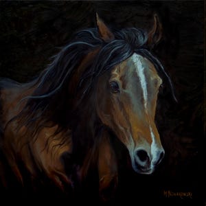 May include: An oil painting depicting a horse's head and upper body against a dark backdrop. The horse has a brown coat, a white stripe on its face, and a flowing black mane. The artist's signature is in the lower right corner.