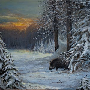 May include: A snowy winter scene with a wild boar walking through the snow. The sun is setting in the distance, casting a warm glow on the snow-covered trees.