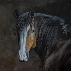 May include: A painting of a brown and white horse with a black mane and tail. The horse is looking to the left of the frame. The background is a dark brown.