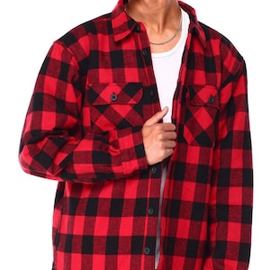 Men's Button Up Flannel Shirt Jacket  Heavyweight with Sherpa lining side Pockets New!