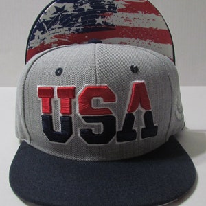 USA Embroidered Snapback Hat: Acrylic Wool Blend, Flag Under Visor