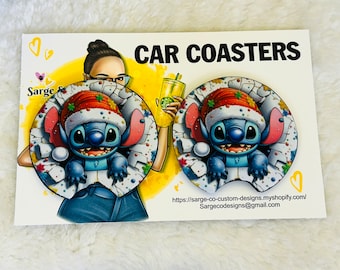 Set of Two Stitch Car Coaster, Car accessories, Cute Coasters, Cute Stich, Christmas Stich,