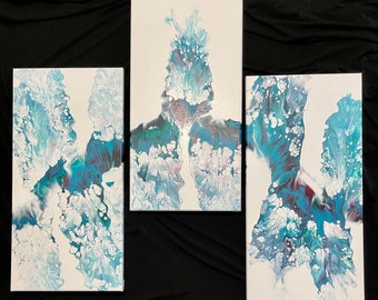 4 x 12 Abstract Art THREE Original Triptych Acrylic Dutch Pour Painting Ocean Coral Teal Blue Silver Cerulean Reef 3
