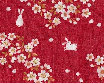 Rabbit & Cherry Blossom Red Japanese Fabric Traditional Cotton Dobby 50 cm x 110 cm 22.90 EUR/meter Cotton fabric from Japan