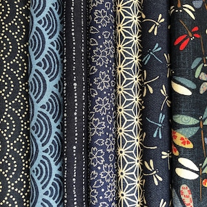 7 Fat Quarter Set Fabric Package Traditional Japanese Fabrics Seigaiha Dragonfly Blue Fabrics Cotton Fabric 7x 50cmx50cm Fat Quarter Bundles