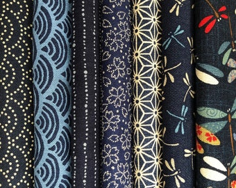 7 Fat Quarter Set Fabric Bundle Tissus japonais traditionnels Seigaiha Dragonfly Blue Fabrics Tissu en coton 7x 50cmx50cm Fat Quarter Bundles