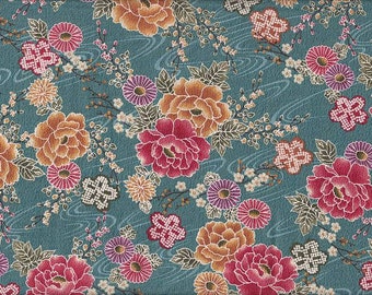 Chrysanthemums turquoise Chirimen Traditional Japanese fabrics Cotton 50 cm x 110 cm 22.90 EUR/meter Fabric by the meter Japan Fabric