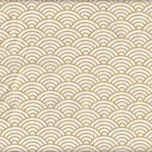 May include: A cream-coloured fabric featuring a repeating pattern of gold-coloured, stylised waves. The wave design is a traditional Japanese motif, commonly seen in textiles and art.